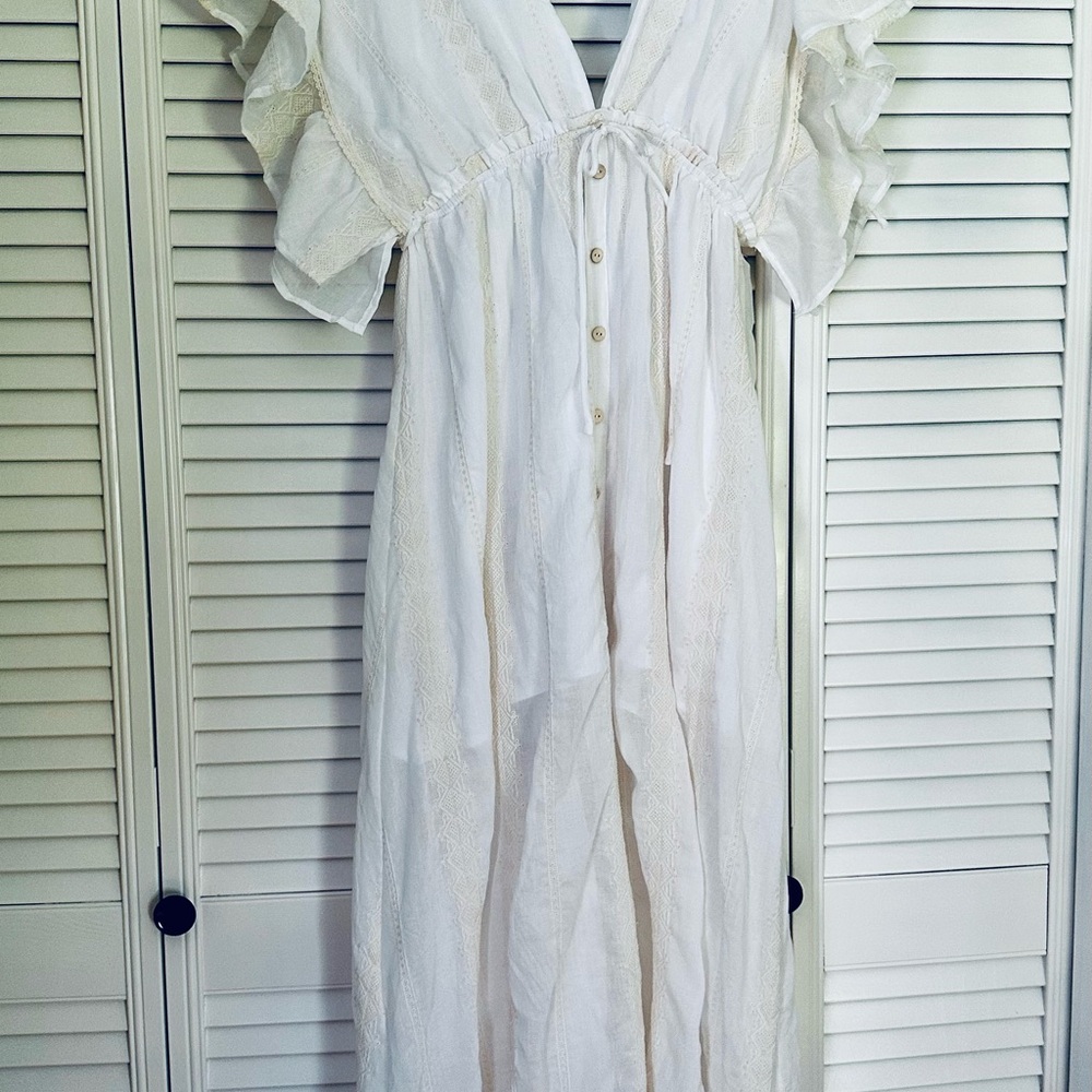 Cream Ruffled Maxi Sundress with Flutter Sleeves